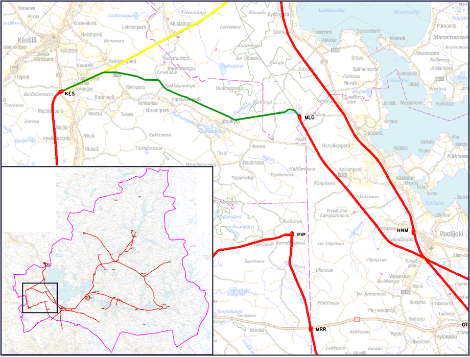 Kajaven uusi Metsälamminkangas-Kestilä johto alla kuvassa vihreällä, olemassa olevat 110 kV johdot punaisella ja myöhemmin käytöstä poistuva Säräisniemi-Kestilä sinisellä.